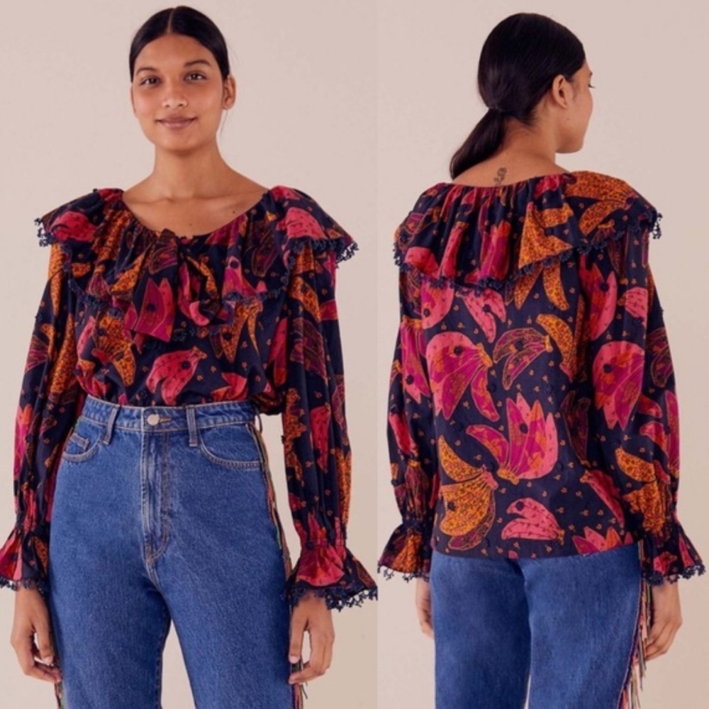 Farm Rio Bananas Patchwork Shirt Ruffled Oversized M
